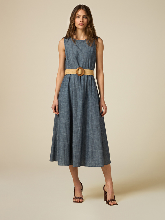 Denim-effect linen-blend long dress