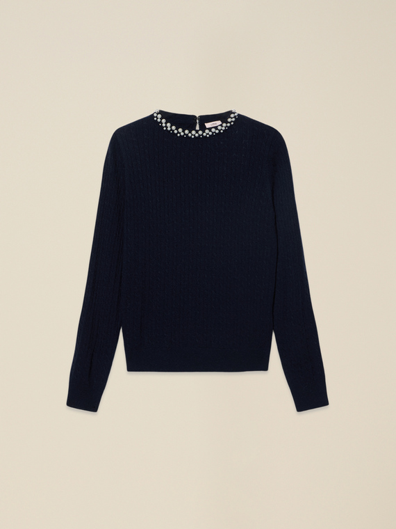 Crewneck sweater in cashmere blend with appliqu&eacute;s