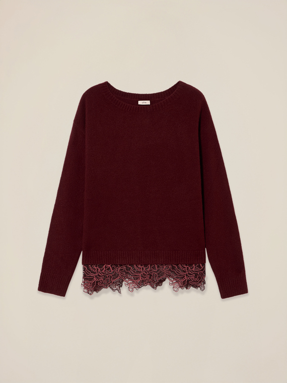 Crew neck sweater with lace trim