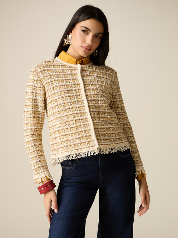 Chaqueta de punto mezcla de algod&oacute;n con flecos