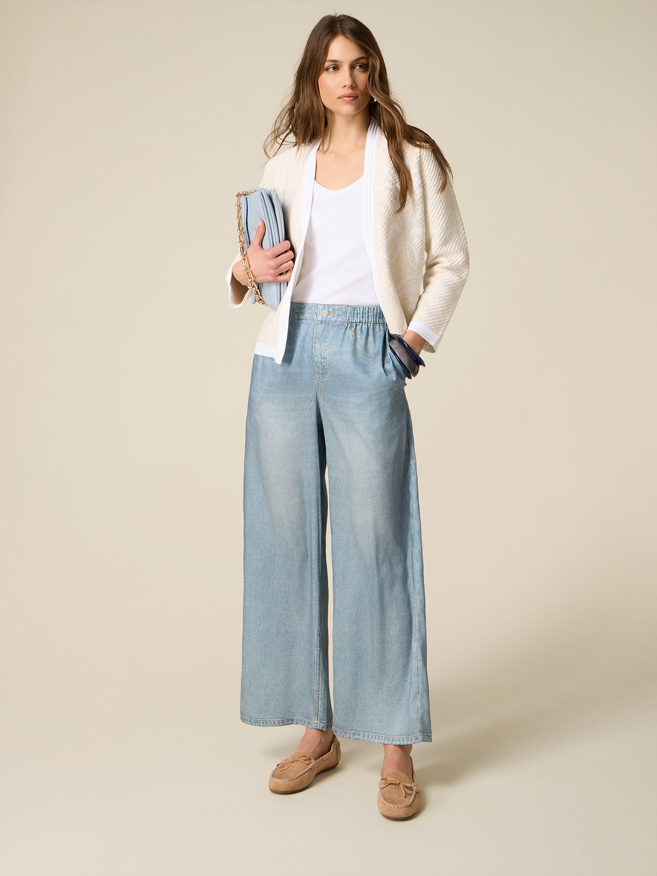 Pantaloni palazzo in raso effetto denim image number 0