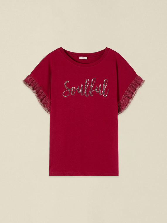 Cotton t-shirt with crystals and ruffles