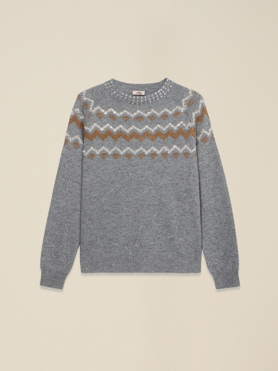 Mixed wool jacquard sweater with appliqu&eacute;s