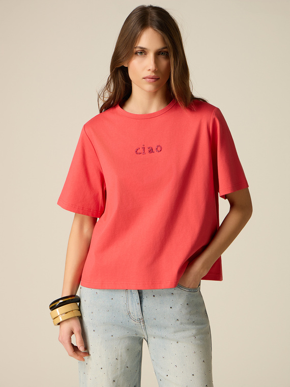 Boxy cotton t-shirt with jewel embroidery