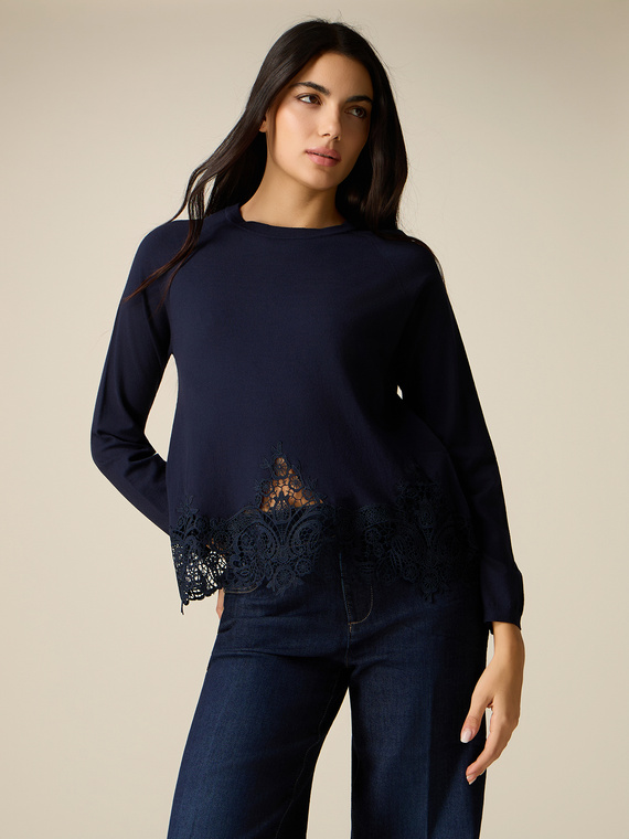 Viscose blend sweater with lace insert