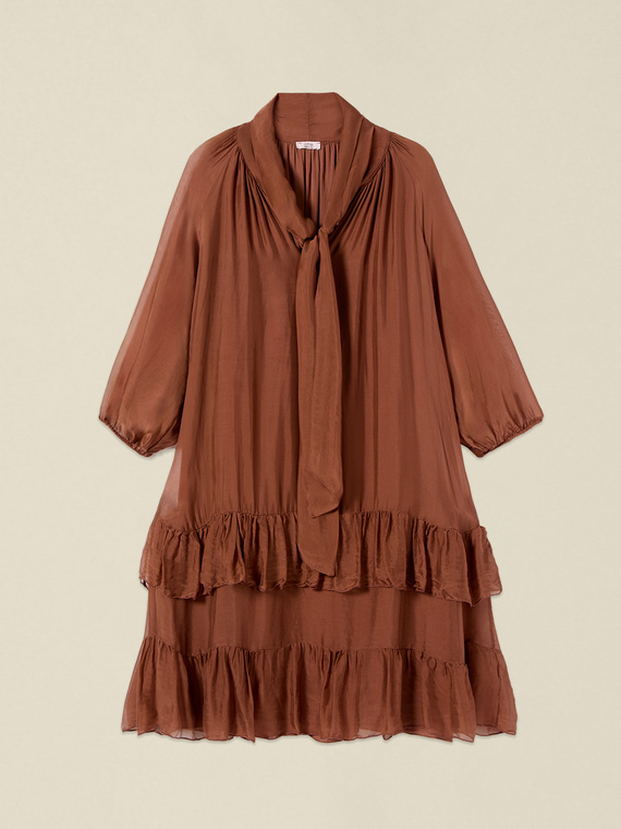 Kleid aus Seidenmischung mit Schleife und Volants