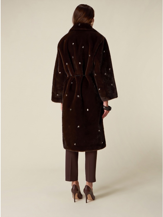 Long faux fur coat with eyelets