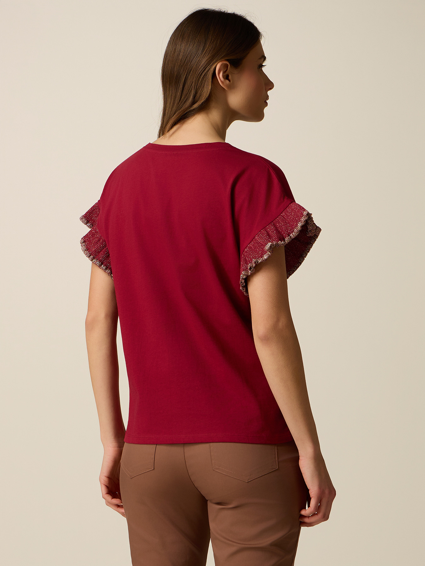 Cotton t-shirt with crystals and ruffles image number 1