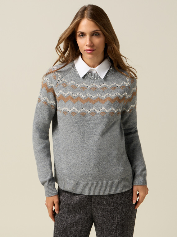 Pull jacquard en laine m&eacute;lang&eacute;e avec applications