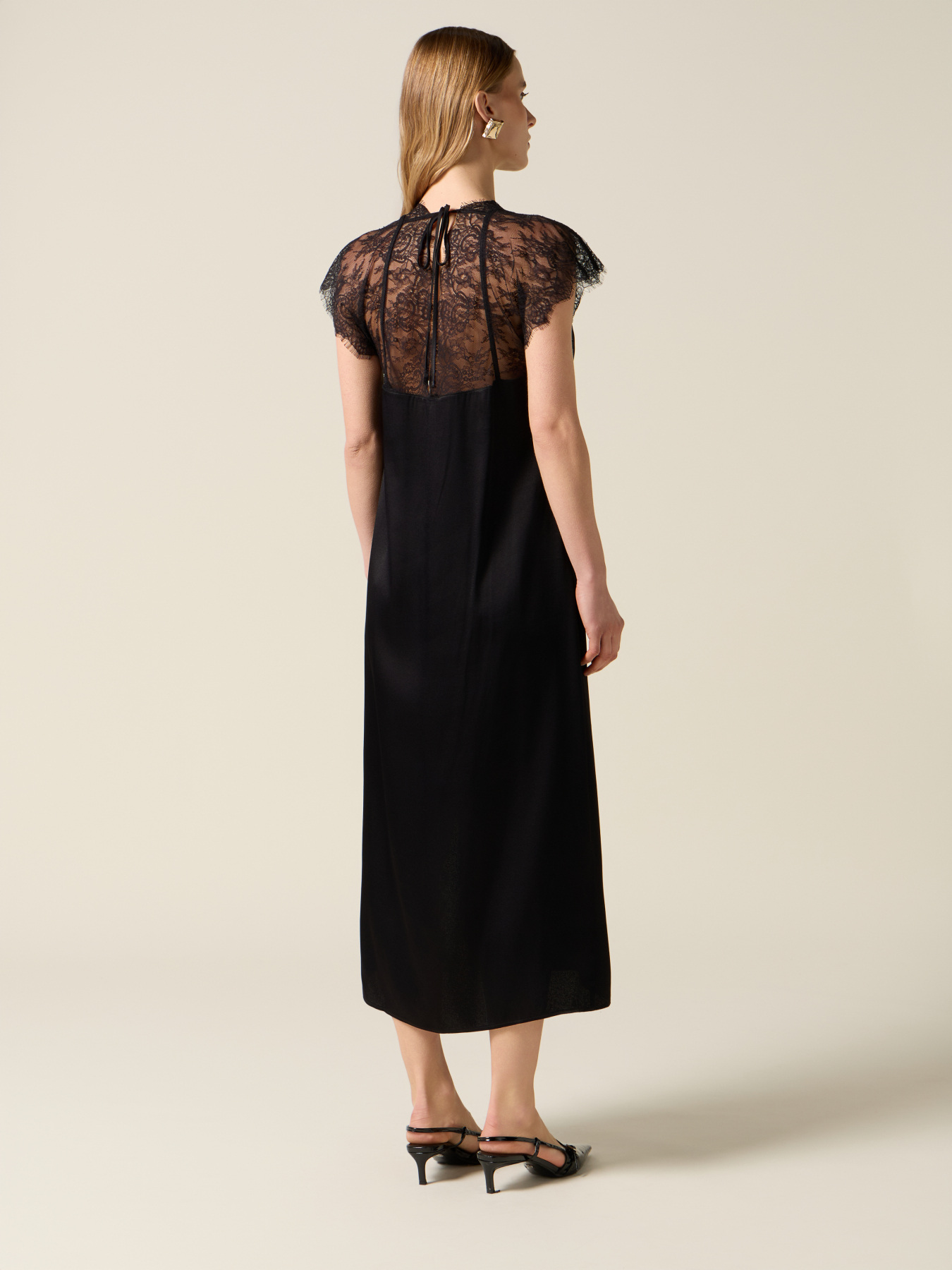 Midi satin dress with lace image number 1