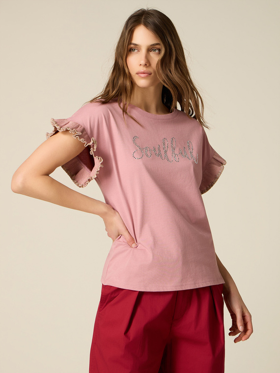 Cotton t-shirt with crystals and ruffles