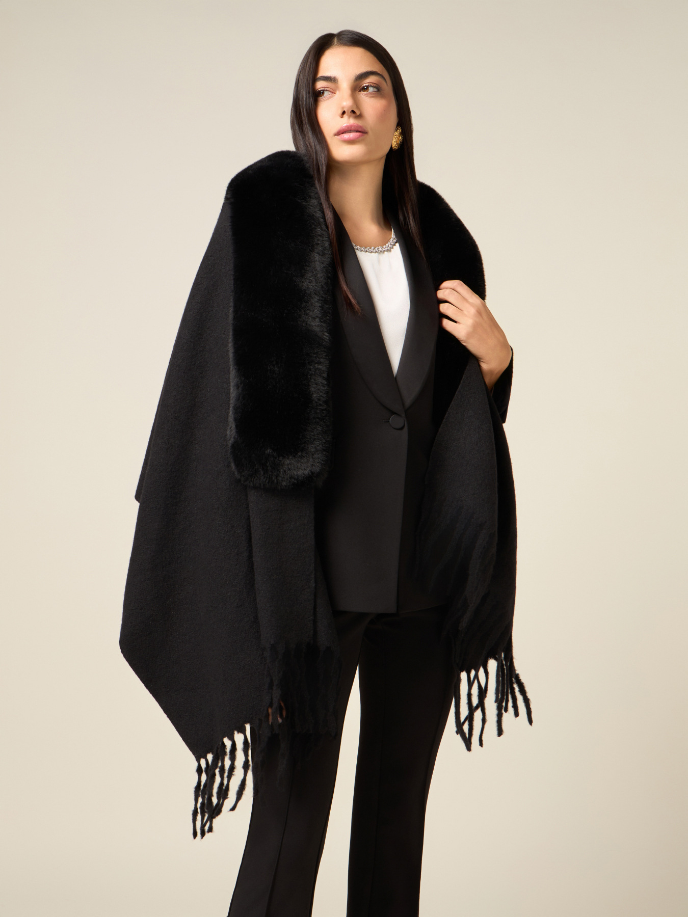 Poncho with fringes and plush trim image number 0