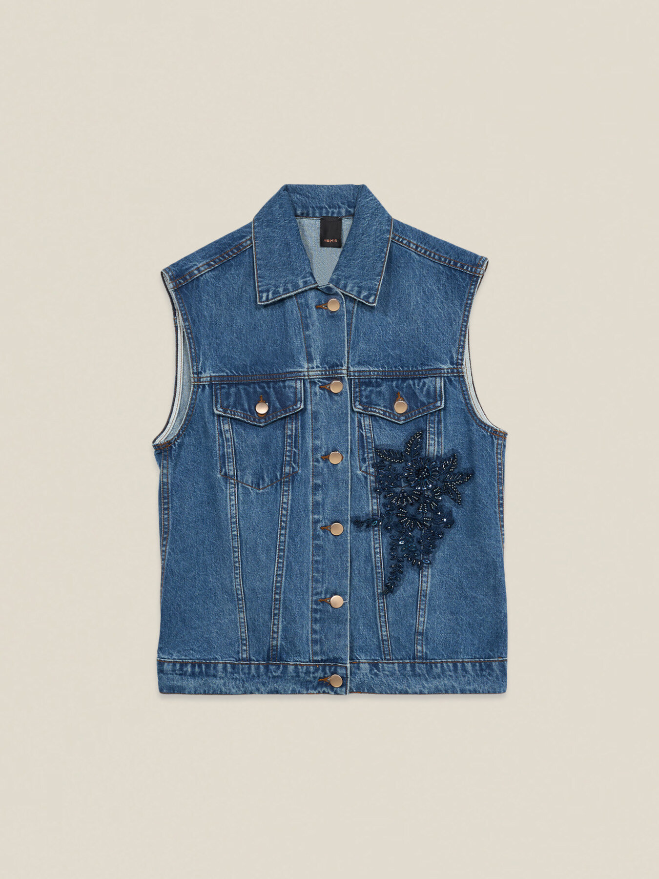 Lazutom Giacca in denim vintage da donna con perle e jeans, Blu, 12