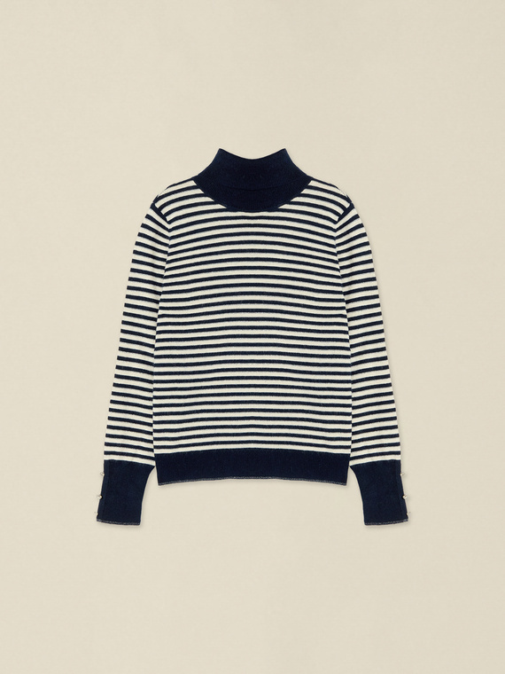 Striped cashmere-blend turtleneck with jewel buttons