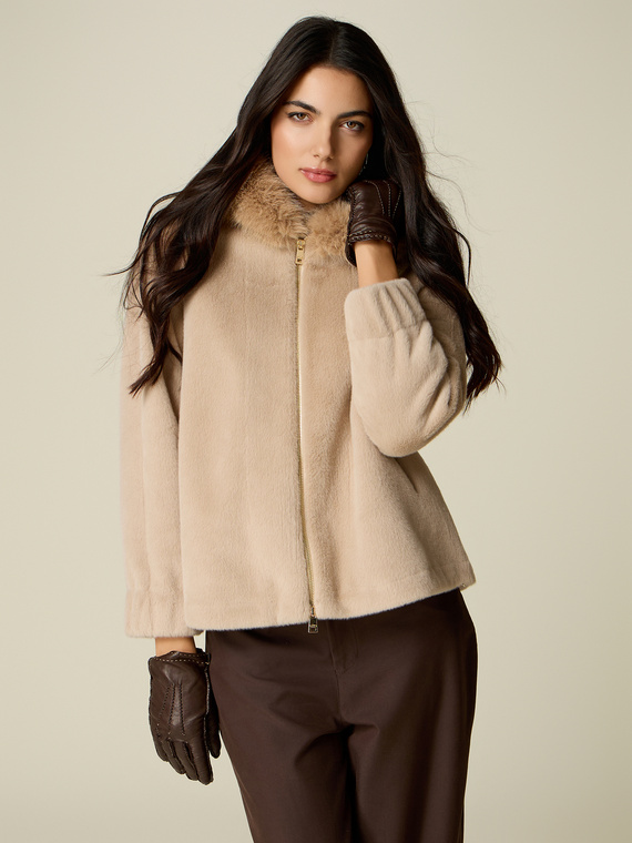 Short faux-fur effect jacket with hood