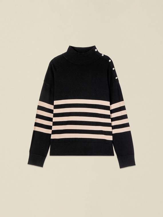 Striped turtleneck with shoulder buttons