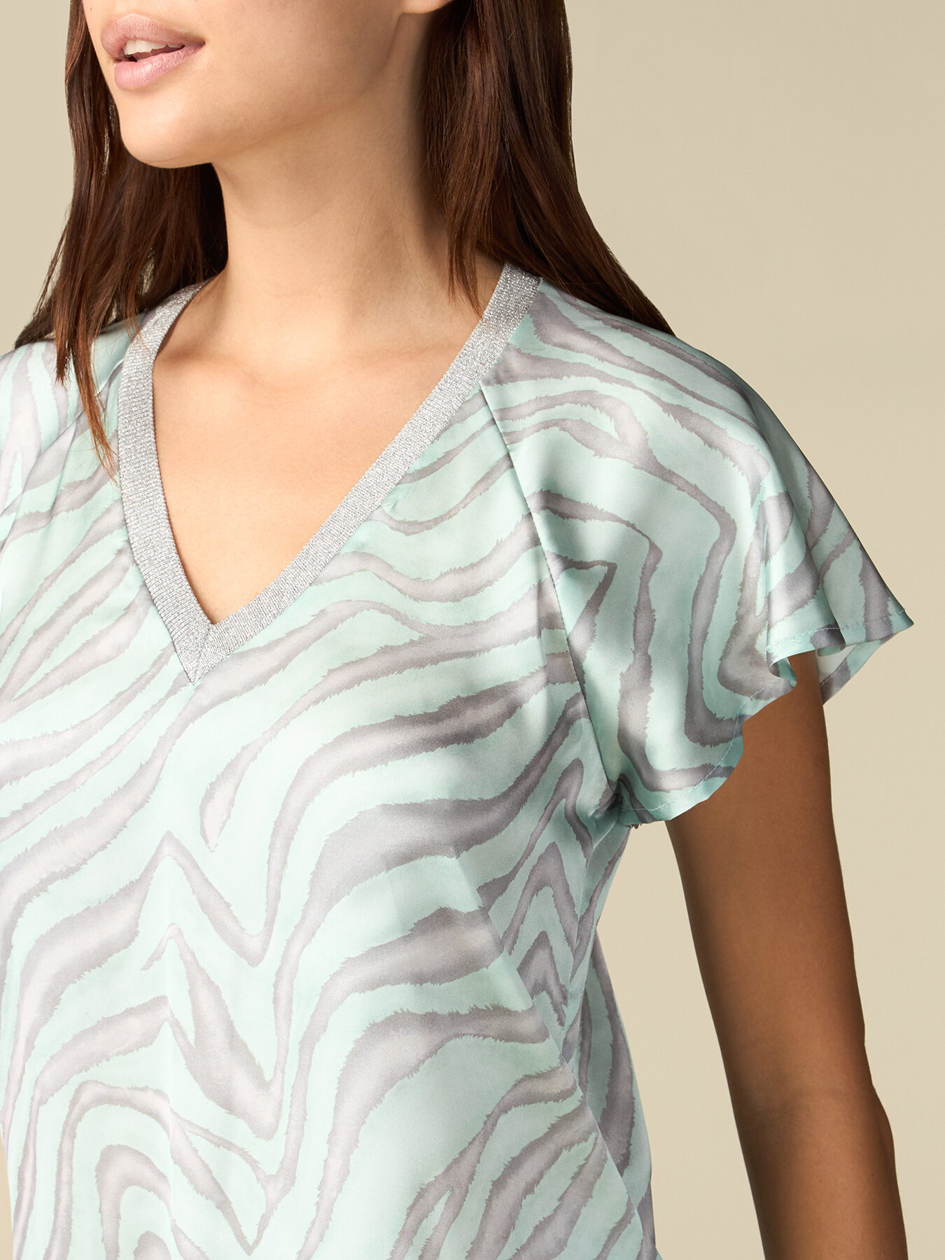 Pattern satin blouse with trim image number 2