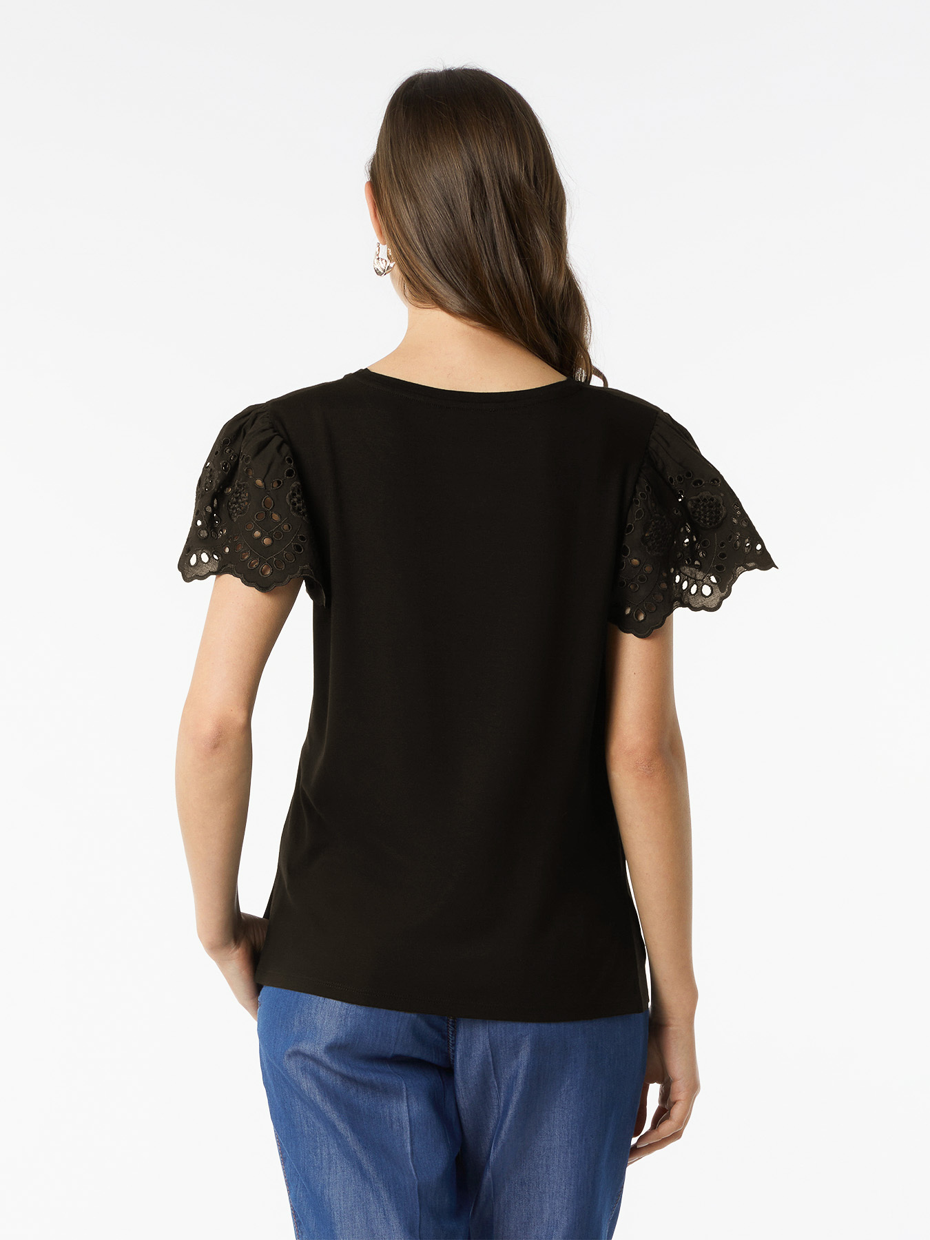 T-shirt avec inscription et manches en broderie anglaise image number 1