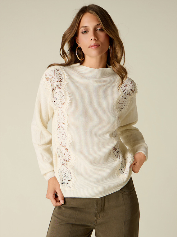 Cashmere-blend sweater with lace inserts
