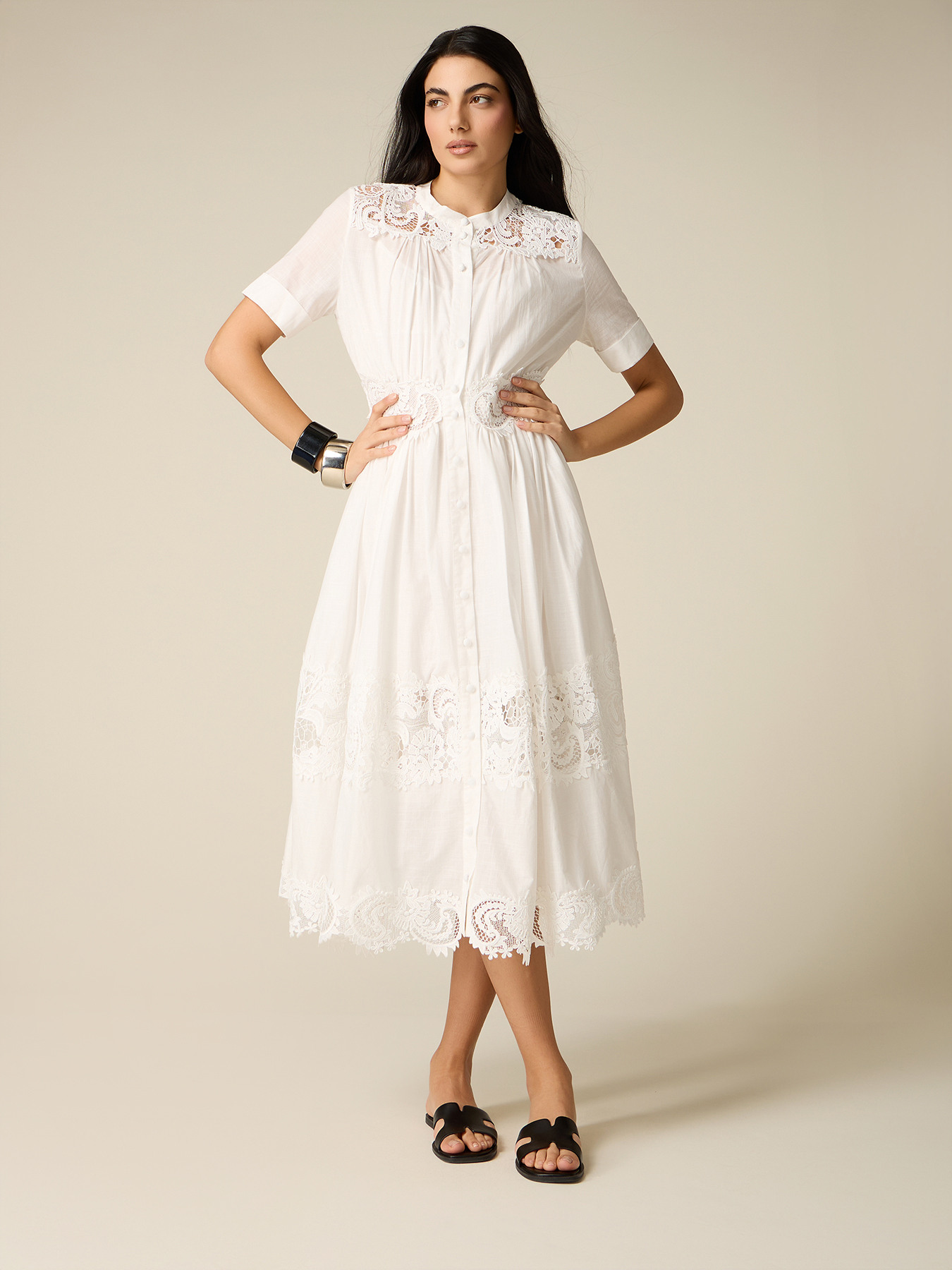 Cotton shirt dress with lace image number 0