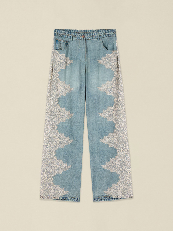 Palazzo-Hose in Denim-Optik mit Spitze