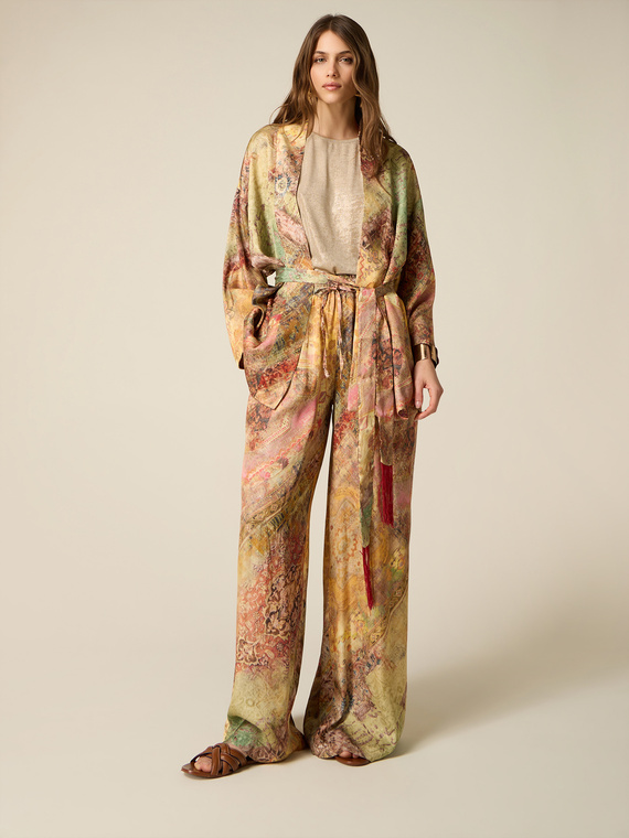 Pantaloni palazzo din satin cu imprimeu