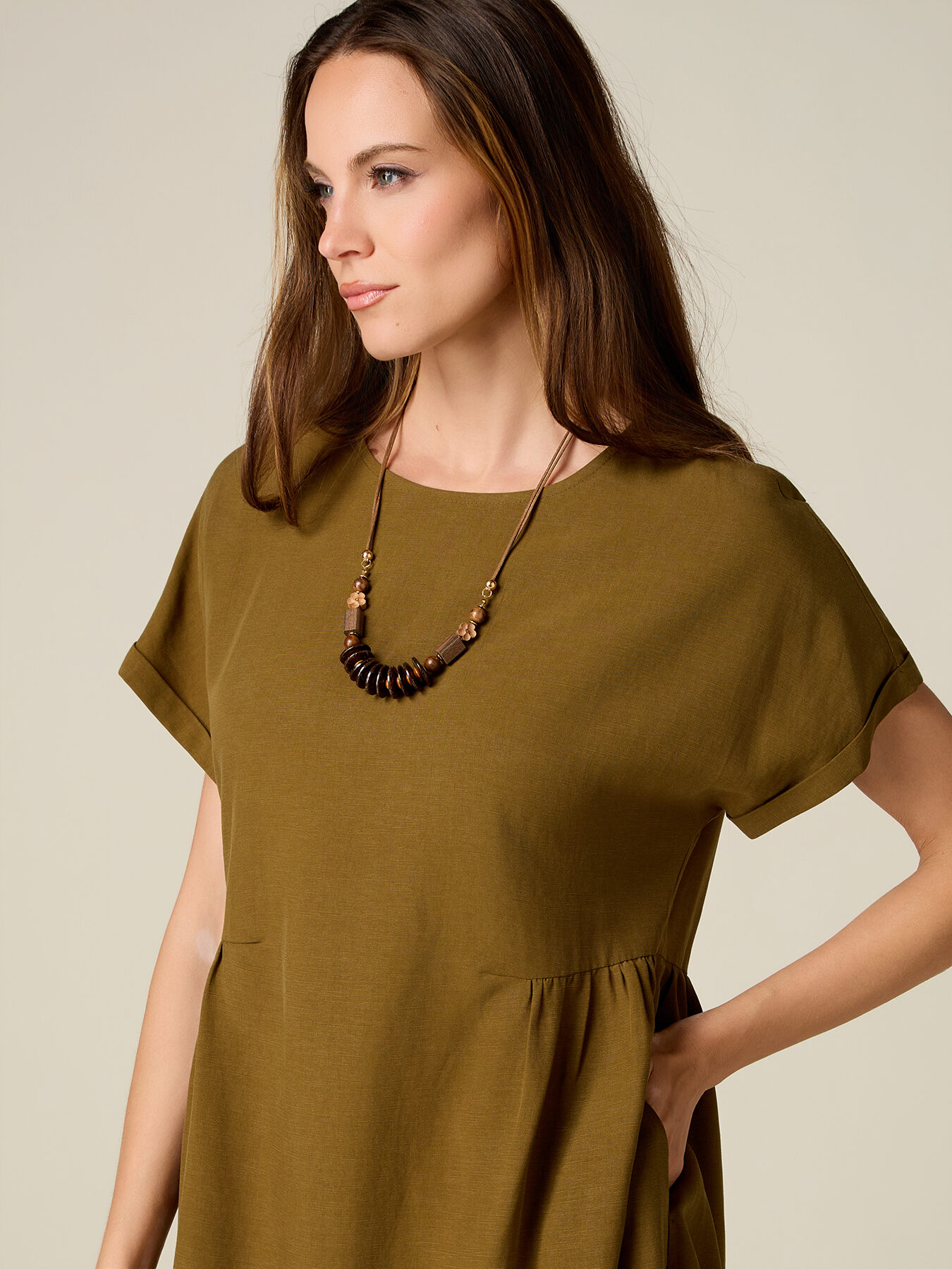 Flare linen blend dress with necklace image number 2