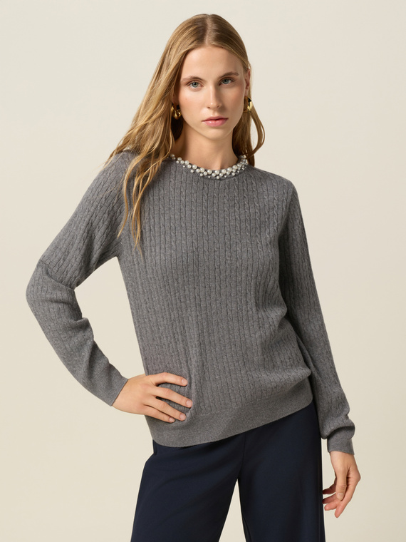 Crewneck sweater in cashmere blend with appliqu&eacute;s