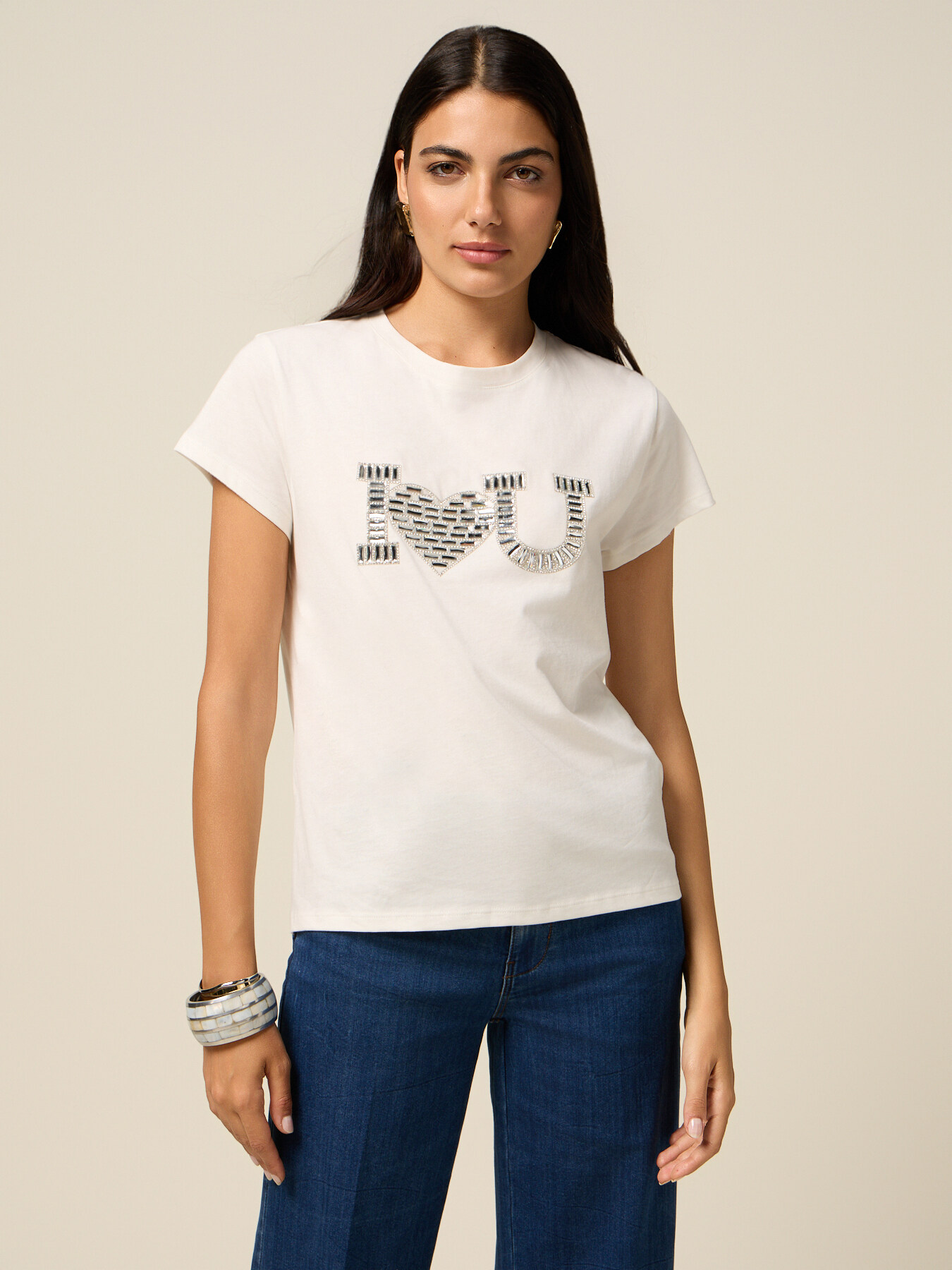 Jersey T-shirt with jewel appliqu&eacute; image number 0
