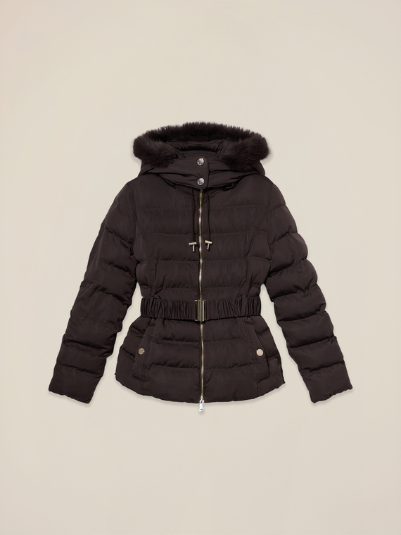 Down jacket with hood and waist belt