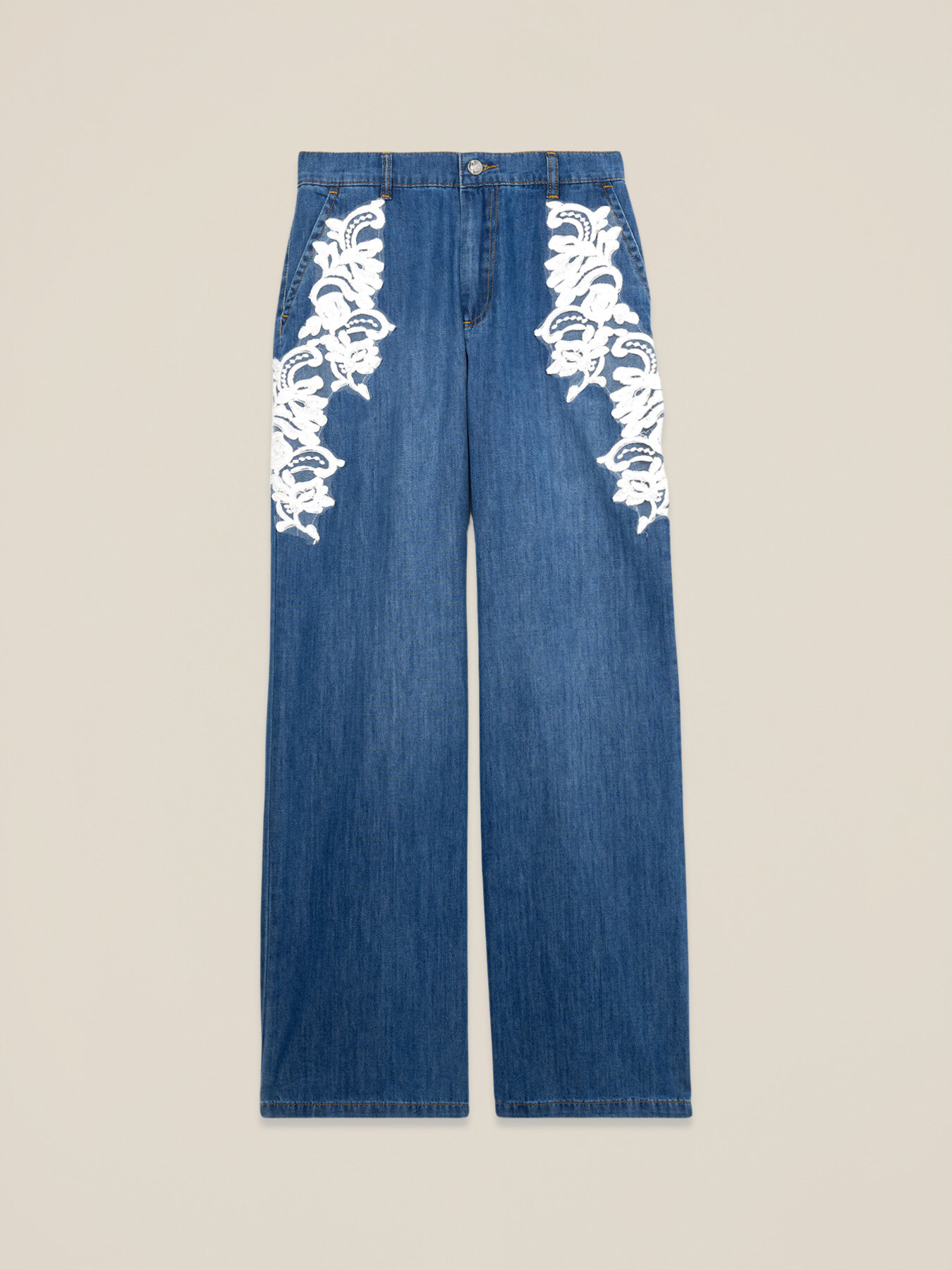 Jeans palazzo con ricami decorativi image number 4