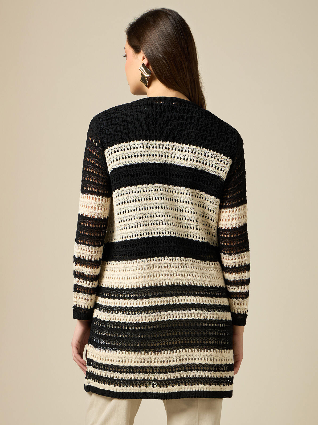 Cardigan lung perforat cu dungi image number 1