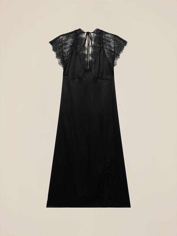 Midi satin dress with lace