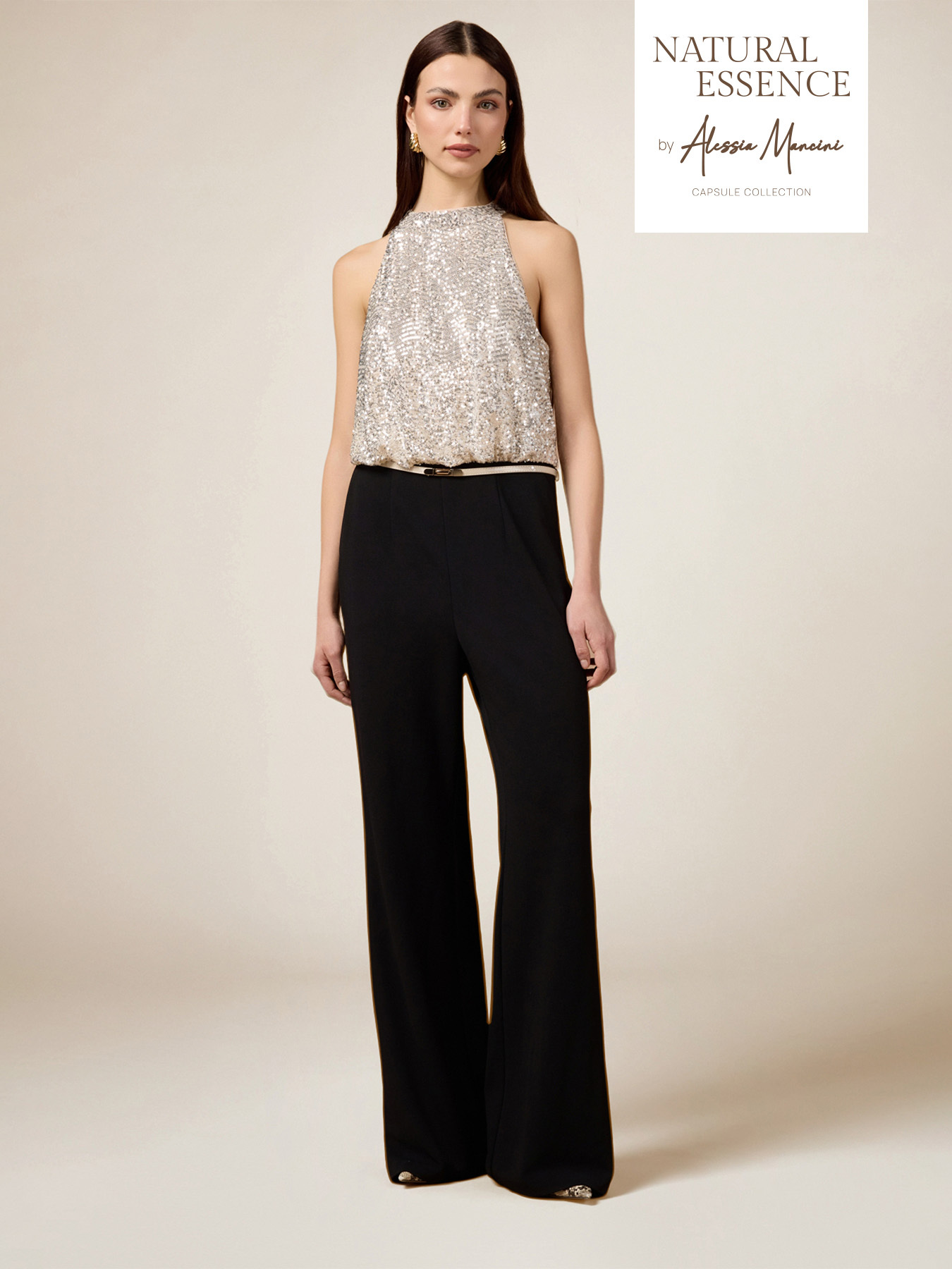 Tuta bimaterica con top in paillettes image number 0