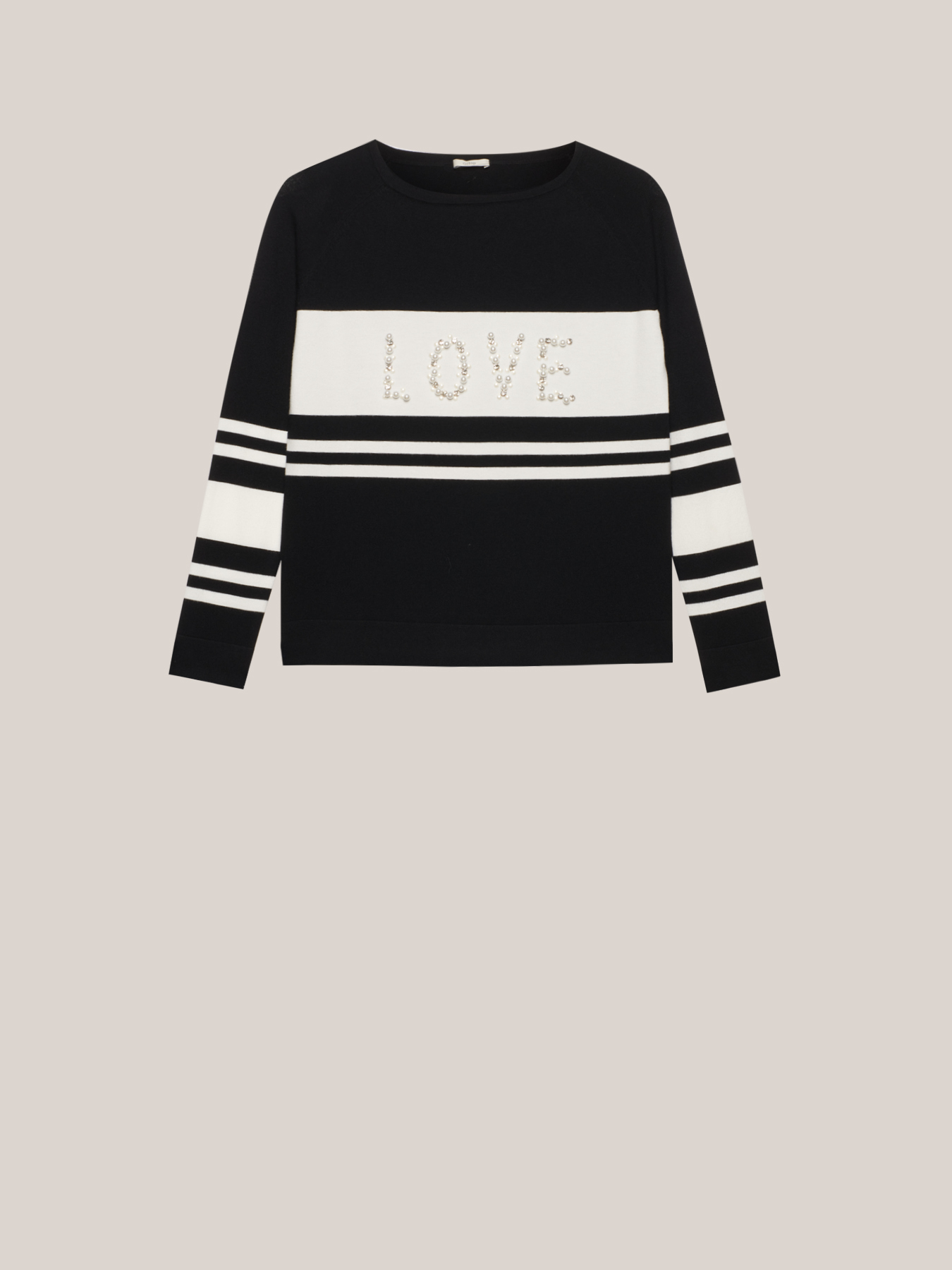 Zweifarbiger Pullover mit Steinen und Perlen image number 3