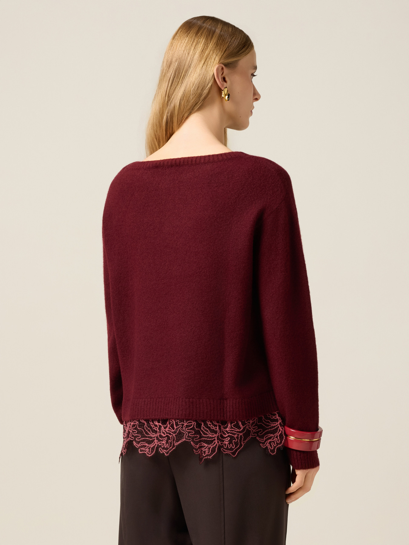 Crew neck sweater with lace trim image number 1
