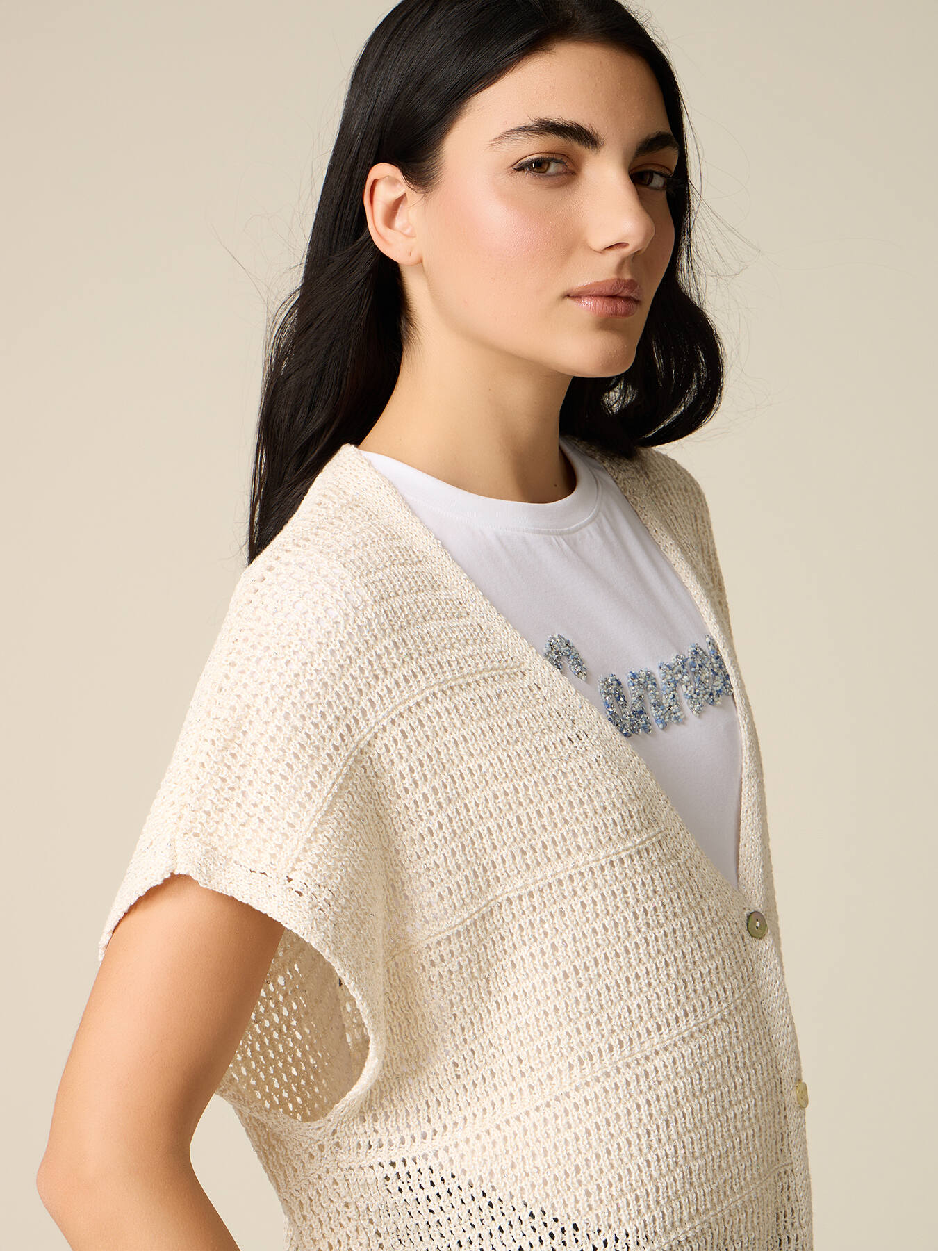 Kurzarm-Cardigan mit Lochmuster image number 2