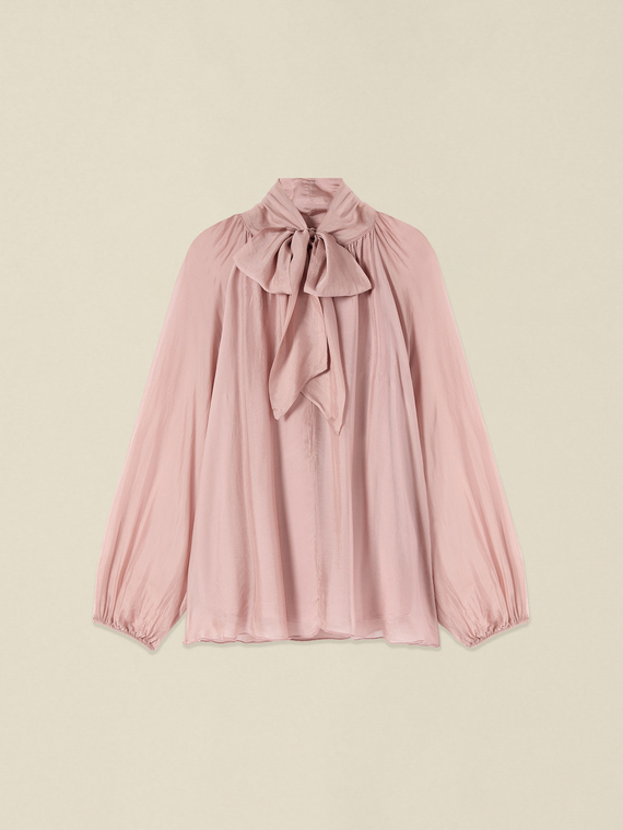 Mixed silk voile blouse with bow