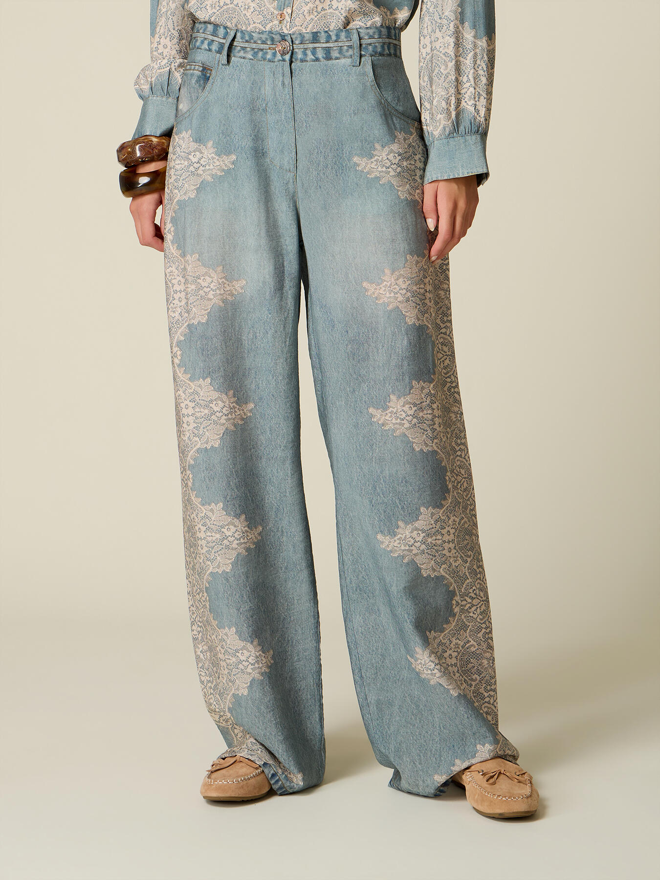 Wide-leg palazzo pants with denim effect and lace image number 3