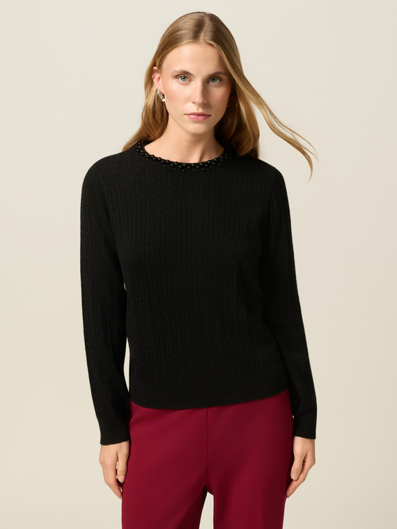 Crewneck sweater in cashmere blend with appliqu&eacute;s