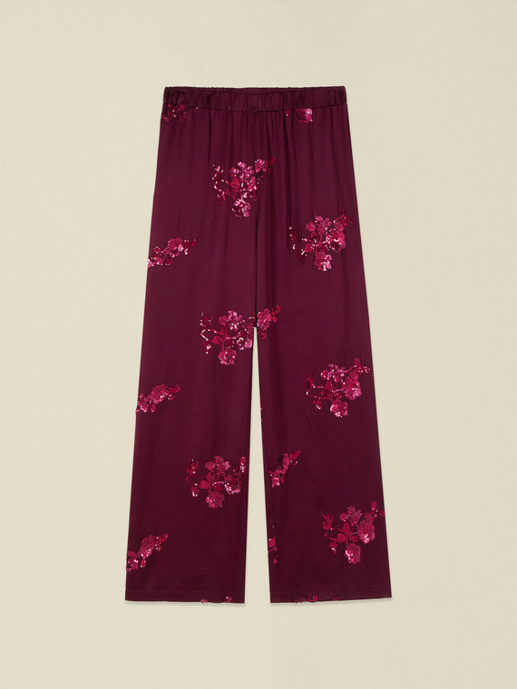 Pantaloni palazzo in raso con ricami in paillettes