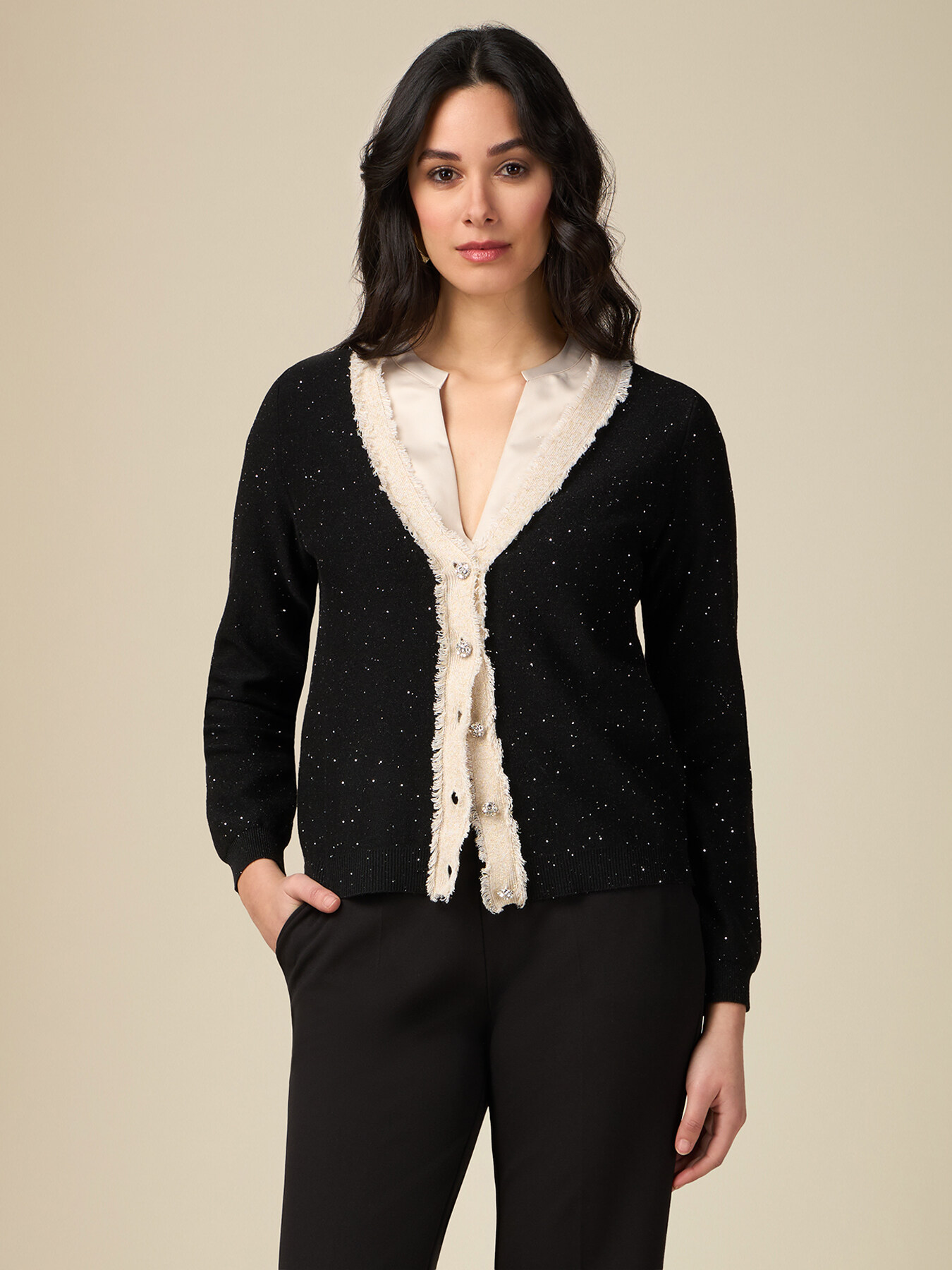Two-tone cardigan with tiny sequins image number 0