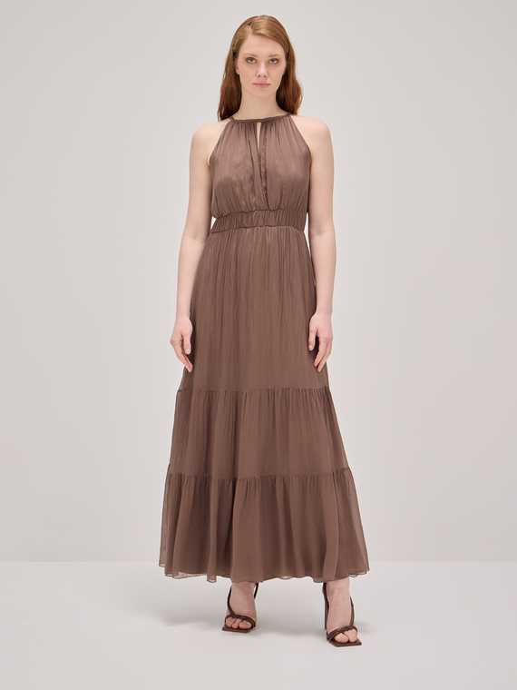 Long halter-neck silk blend dress