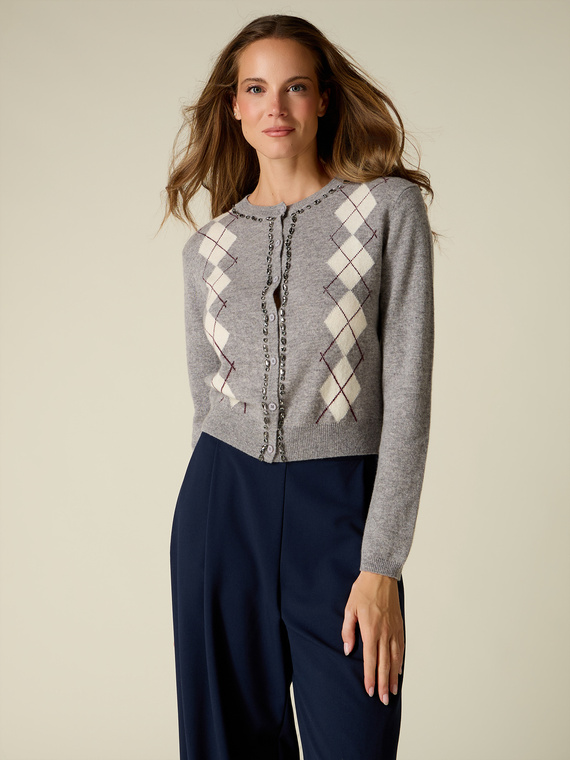 Cardigan in lana/cashmere con castoni e motivo argyle