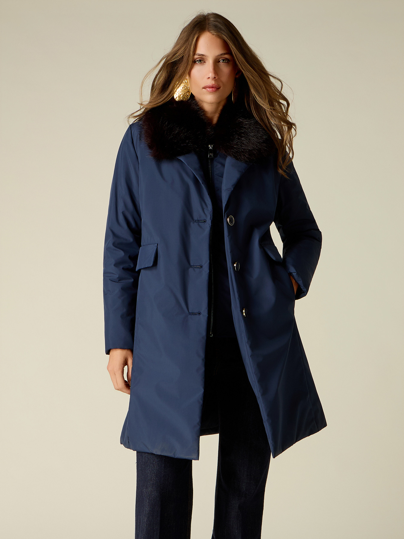 Straight nylon down jacket with trimmed collar image number 0