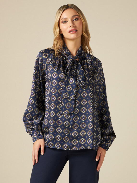 Patterned satin blouse with bow