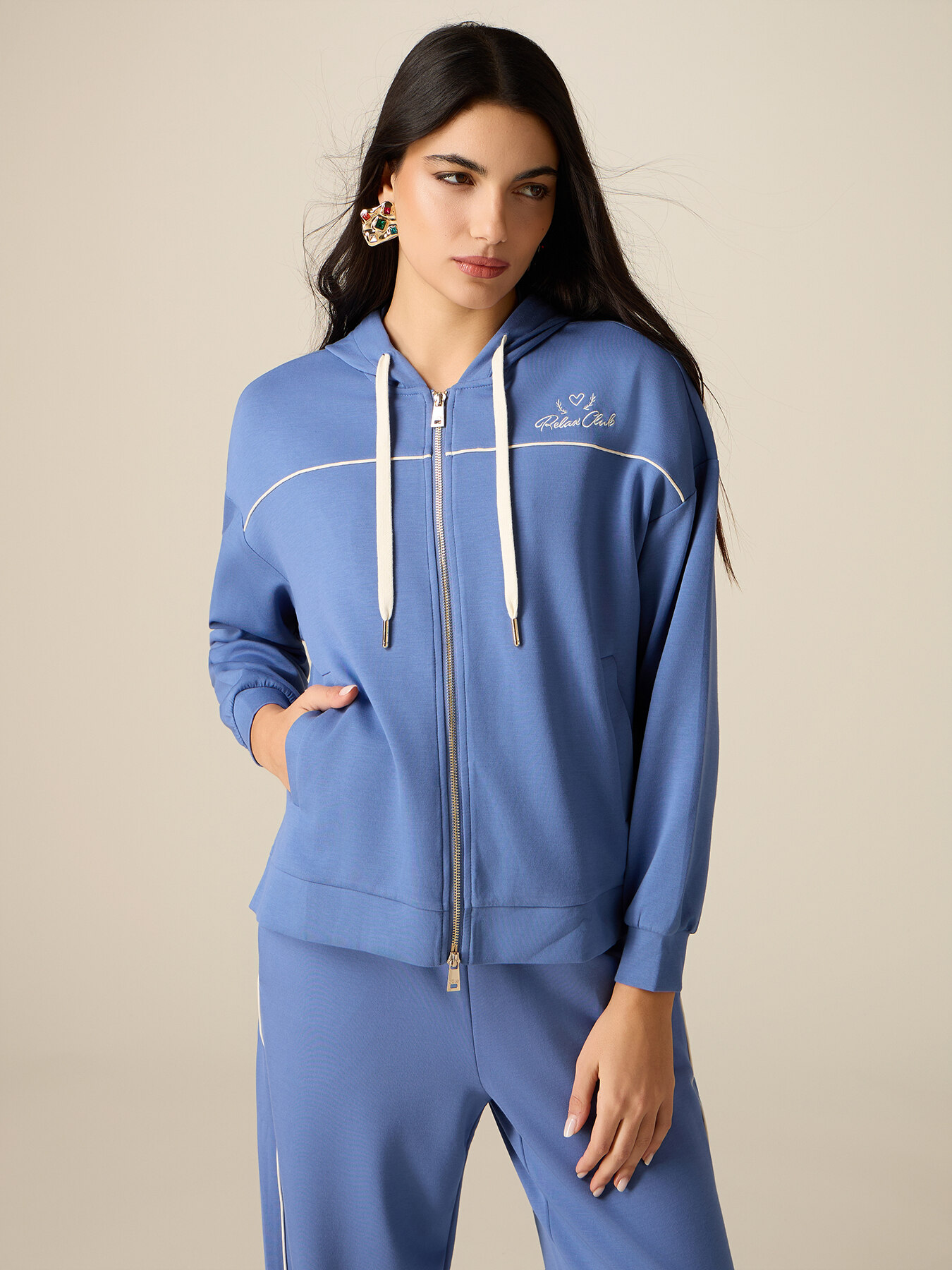 Sweatshirt with zip, hood and trim image number 0