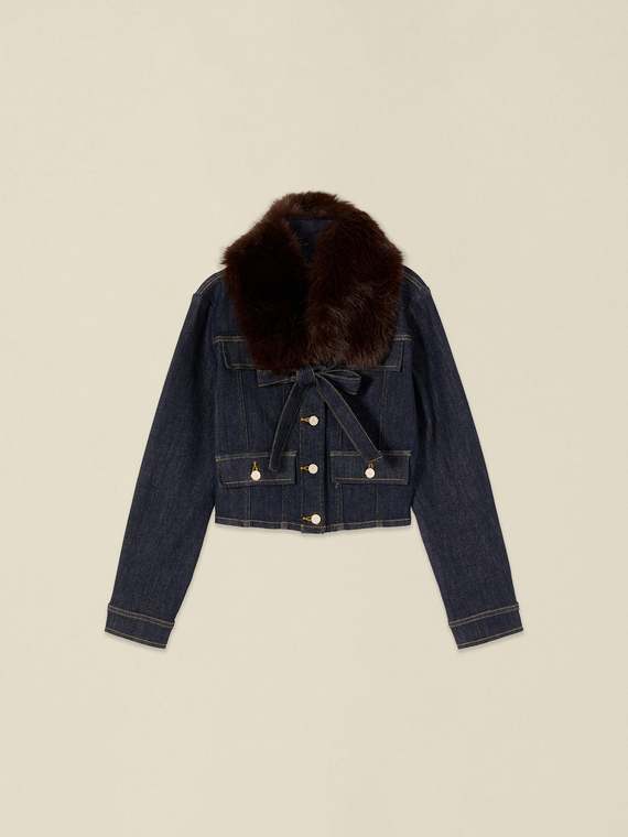 Denim jacket with faux shearling collar