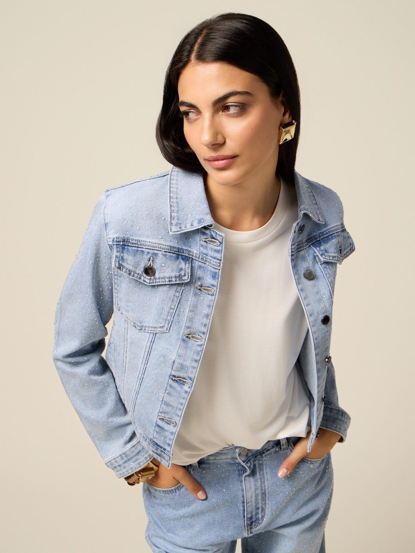 Jachetă din denim cu micro cristale image number 3