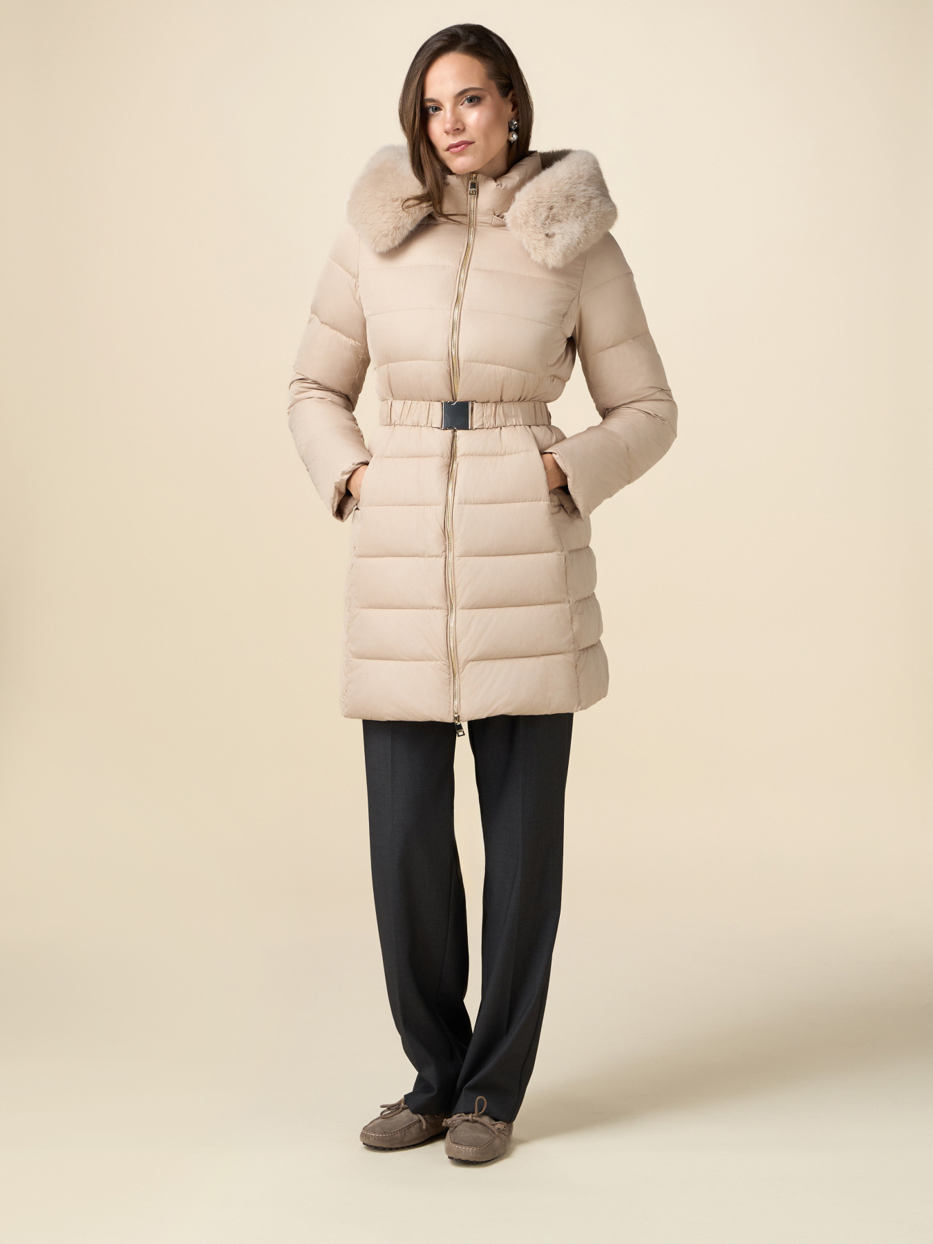 Midi down jacket with belt and furry edge image number 0